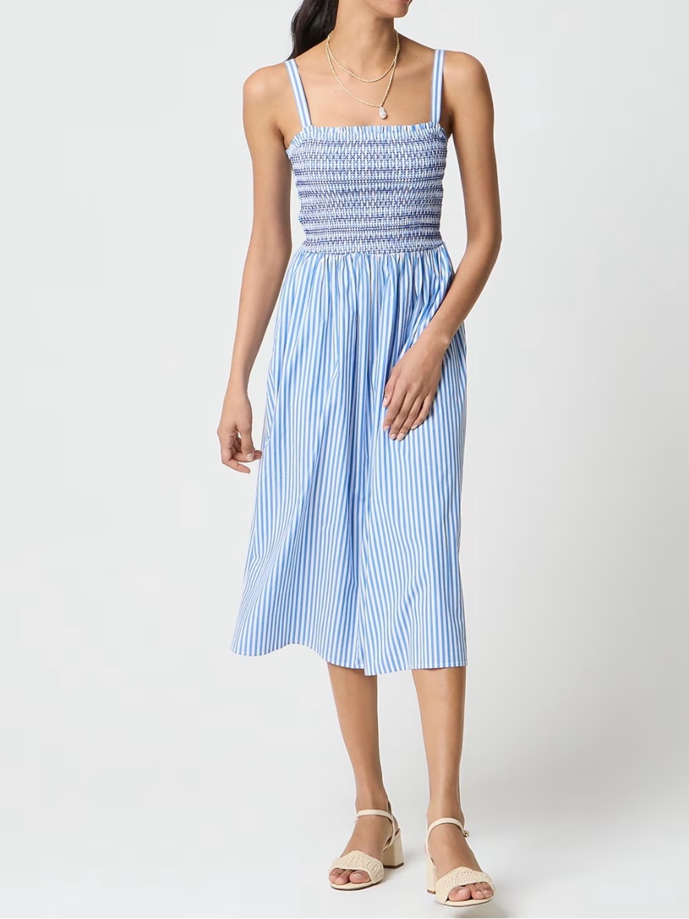 Jcrew regenerated cotton blend smocked strap midi dress in Light Blue Stripe- xs